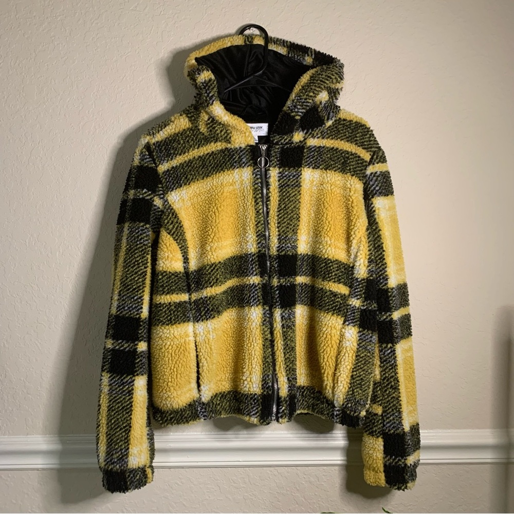 Women’s Yellow Plaid Teddy Zip Hoodie Jacket